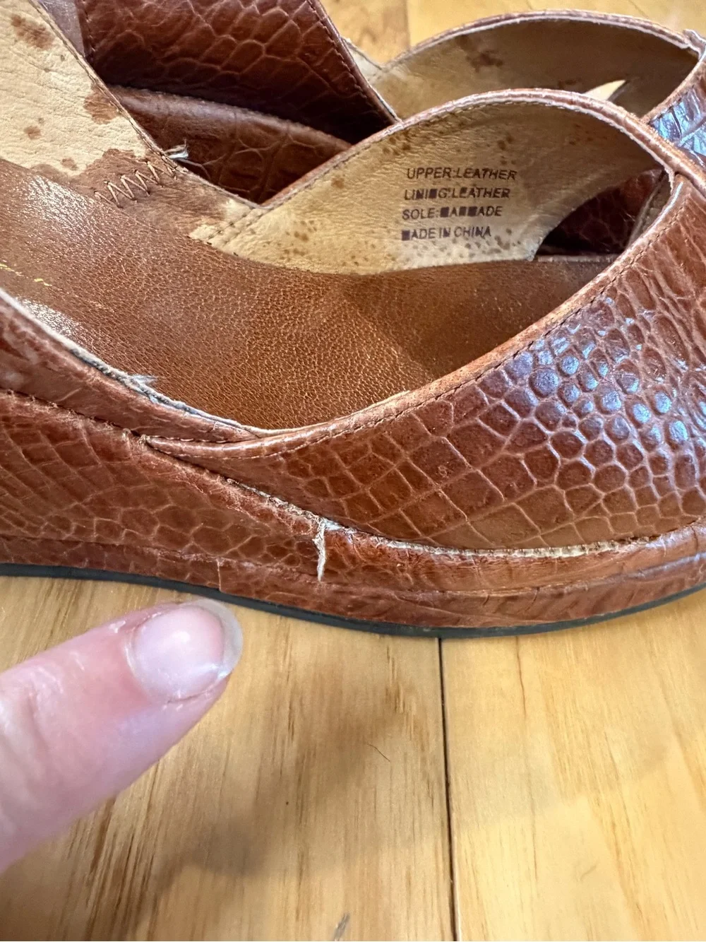 Re-Mix Women's Brown Croc-Embossed Leather Wedge Slingback Peep-Toe Shoe
